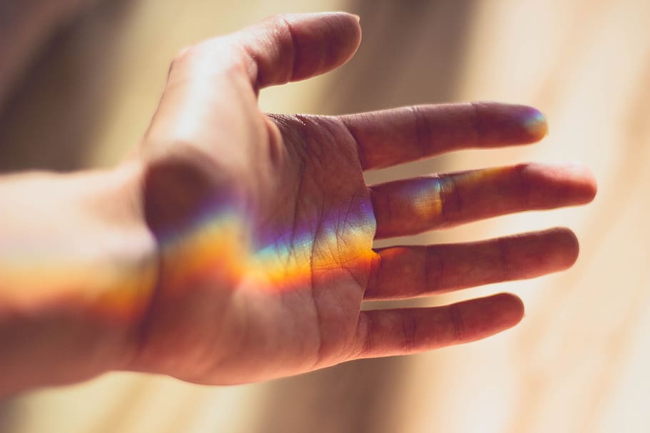 hand, light, sunlight, rainbow, human body part, human hand, one person, multi colored, close-up, body part