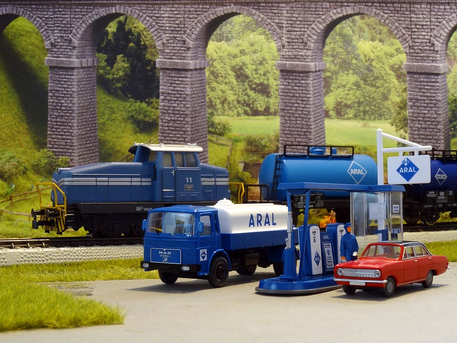 petrol stations, model cars, model train, diorama, railway, 70 years, old gas station, seventies, mode of transportation, transportation