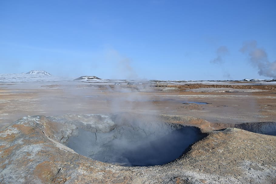 iceland, active volcano, sulphur, landscape, hole in ground, geology, power in nature, heat - temperature, hot spring, smoke - physical structure
