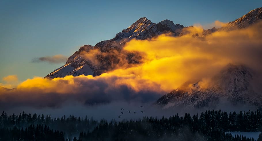 mountain during night, mountain, alpine, austria, clouds, alp, landscape, abendstimmung, fog, rock