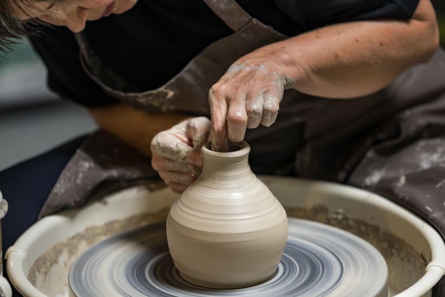 potter, pottery, vase, pot, art, craft, ceramic, hub, turn, design