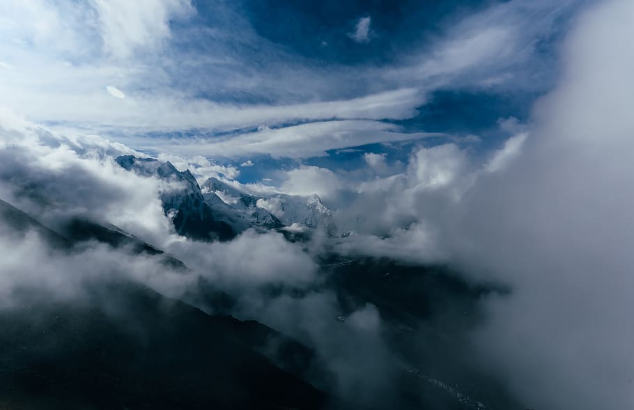 mountain, highland, clouds, sky, summit, ridge, landscape, nature, valley, fog