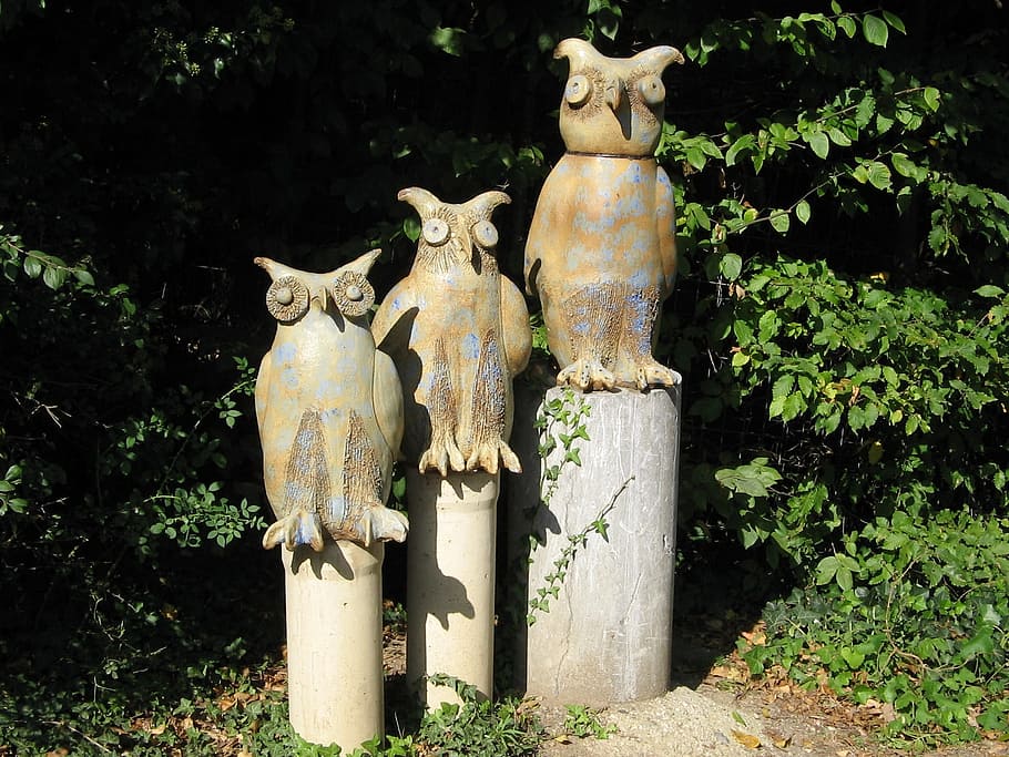 owls, wood, artwork, wood carving, carving, carved, figure, art, garden, karlsruhe