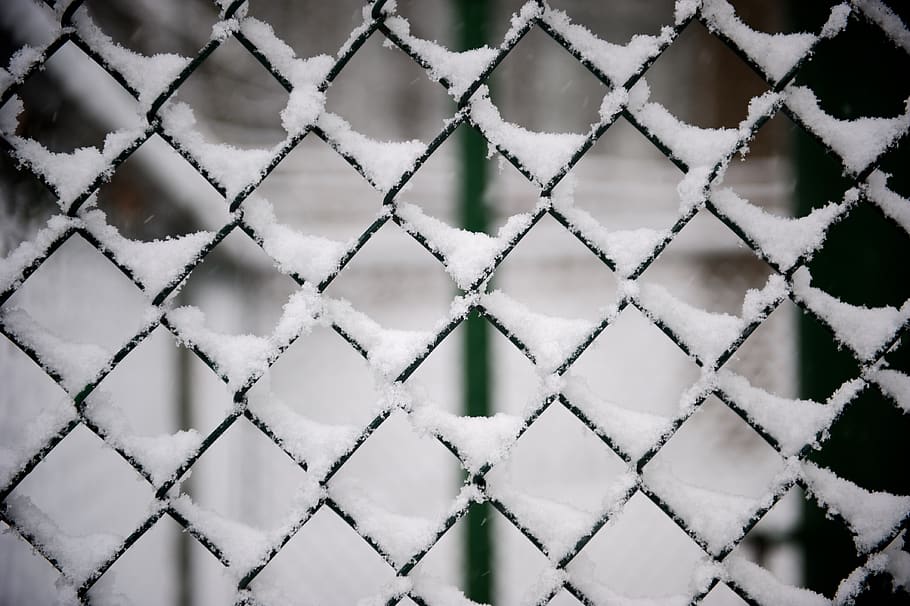 fence, steel, snow, winter, ice, cold, white, glass, screen, pattern