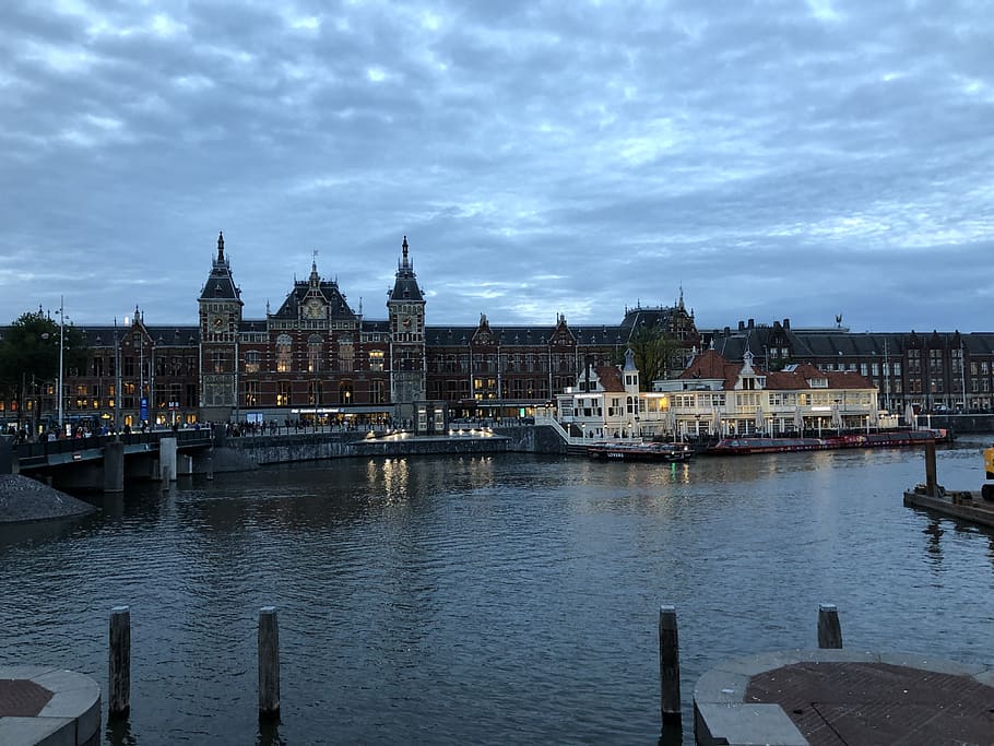 amsterdam, central, train, station, holland, building, railway, waterway, evening, cloudy