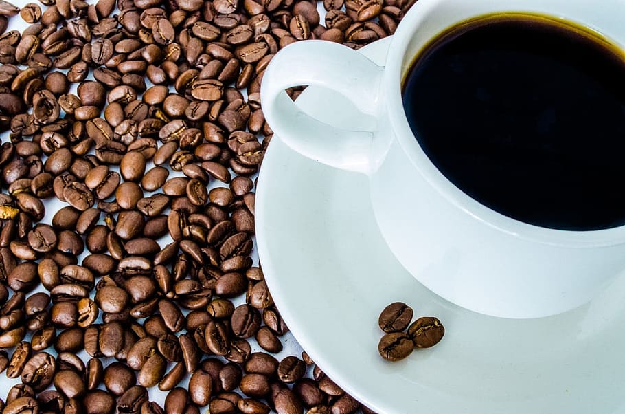 black, coffee beans, white, teacup, saucer, aroma, aromatic, beverage, bio, break