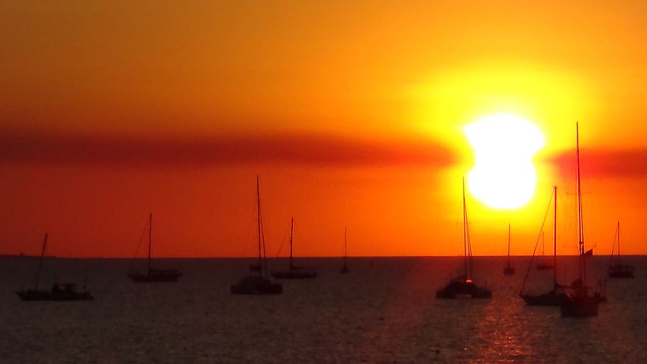 sunset, darwin harbor, northern territory, australia, water, sailboat, nautical vessel, sky, sea, orange color