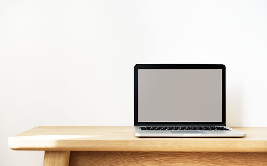macbook, pro, top, brown, wooden, table, empty, contemporary, wood, blank
