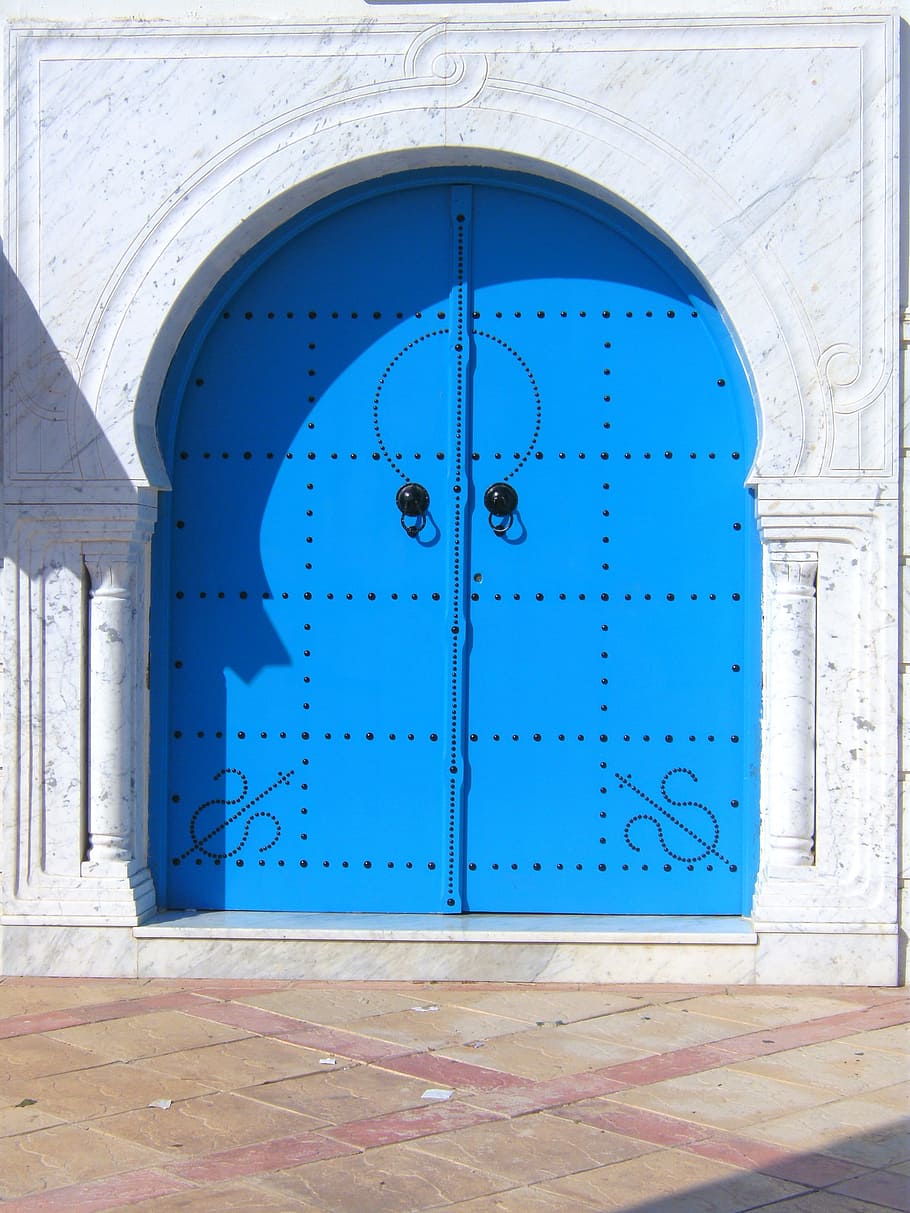 파랑, 금속 문, 흰색, 콘크리트, 벽, 문, 아름다운, 푸른, 건축물, 건축 된 구조