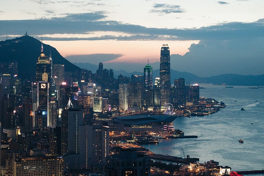 Hong kong, kota, udara, malam, lampu, menara, pencakar langit, bangunan, perkotaan, pusat kota