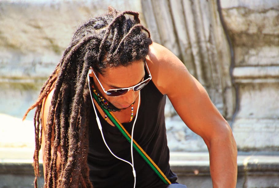 man, black, tank, top, using, white, earphones, rasta braids, hairstyle,  hair | Pxfuel