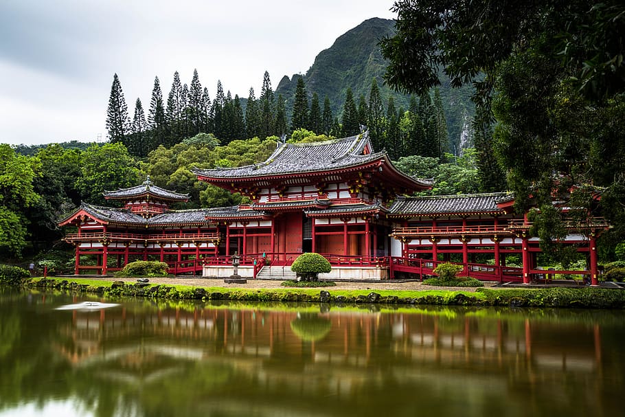 architecture, building, infrastructure, temple, green, trees, plant, lake, water, reflection