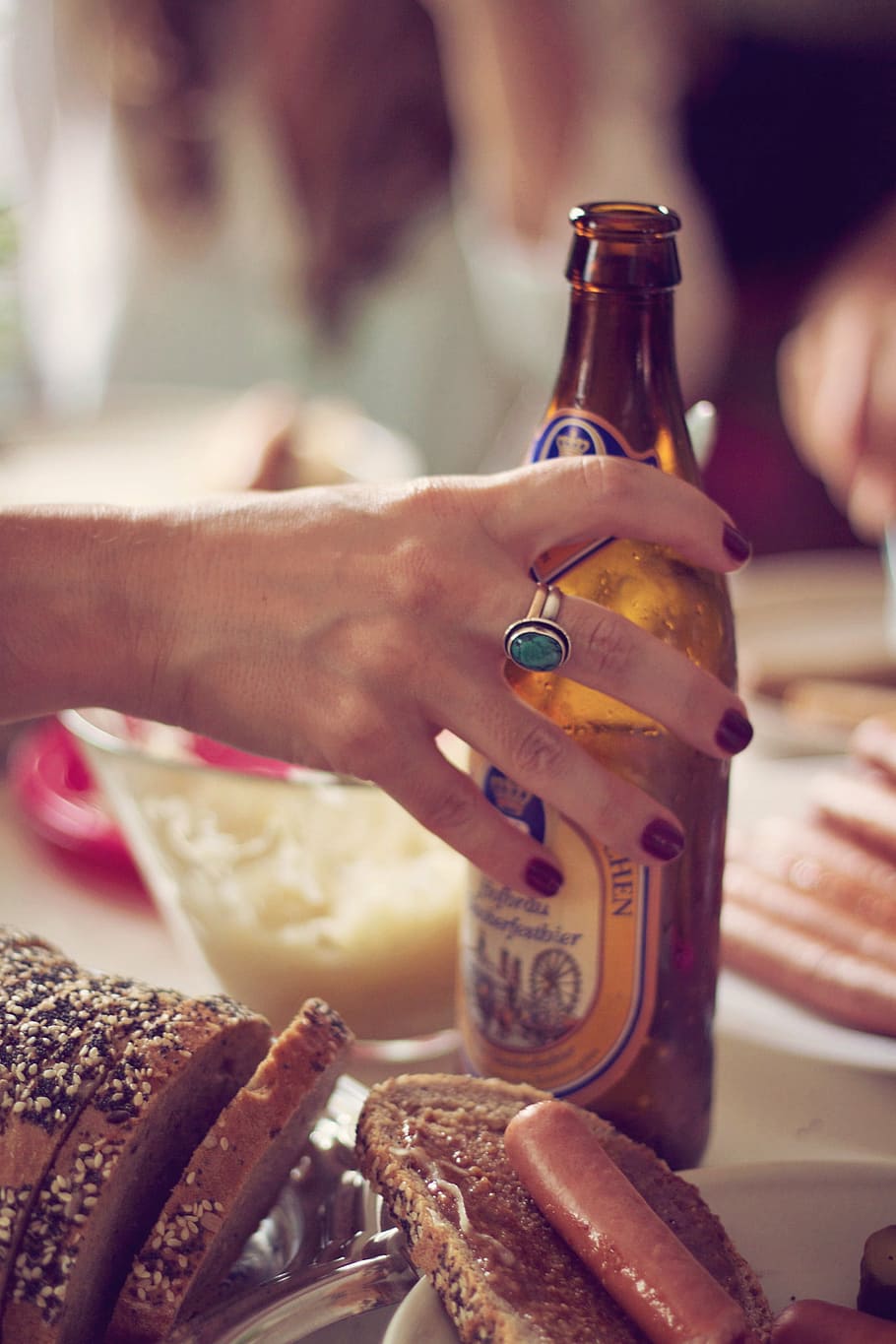 woman, hand, brown, amber, bottle, table, people, manicure, ring, beer