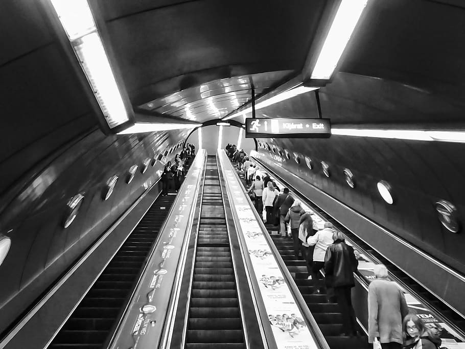 fotografía de ángulo bajo, personas, escaleras mecánicas, fotografía en escala de grises, budapest, metro, transporte, subterráneo, pasajeros, viajes