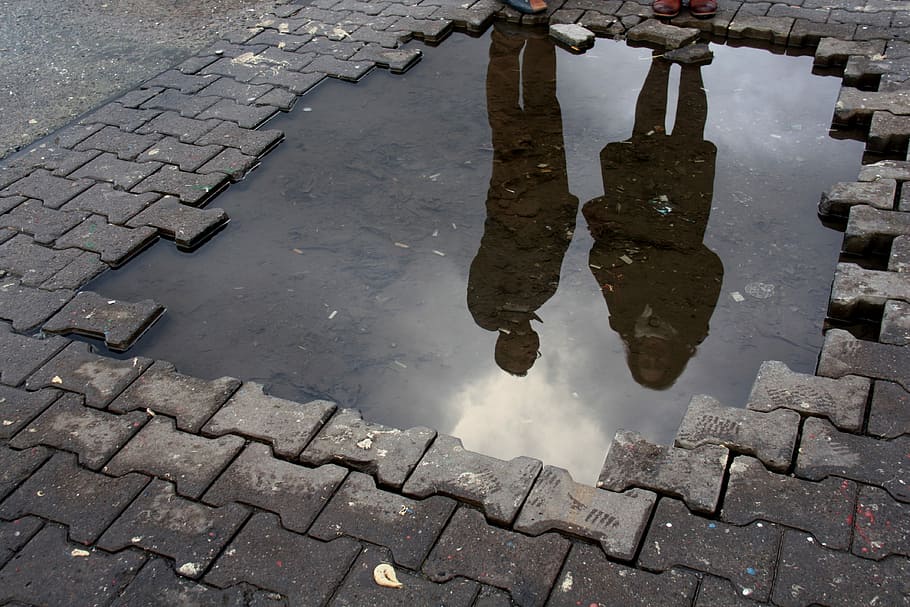 sidewalk, avenue, stone, reflection, water, puddle, street, high angle view, city, footpath