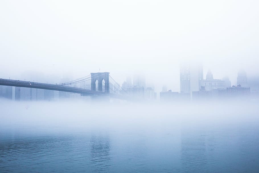 foggy, brooklyn bridge, nature, landscape, architecture, bridge, ocean, water, sea, urban