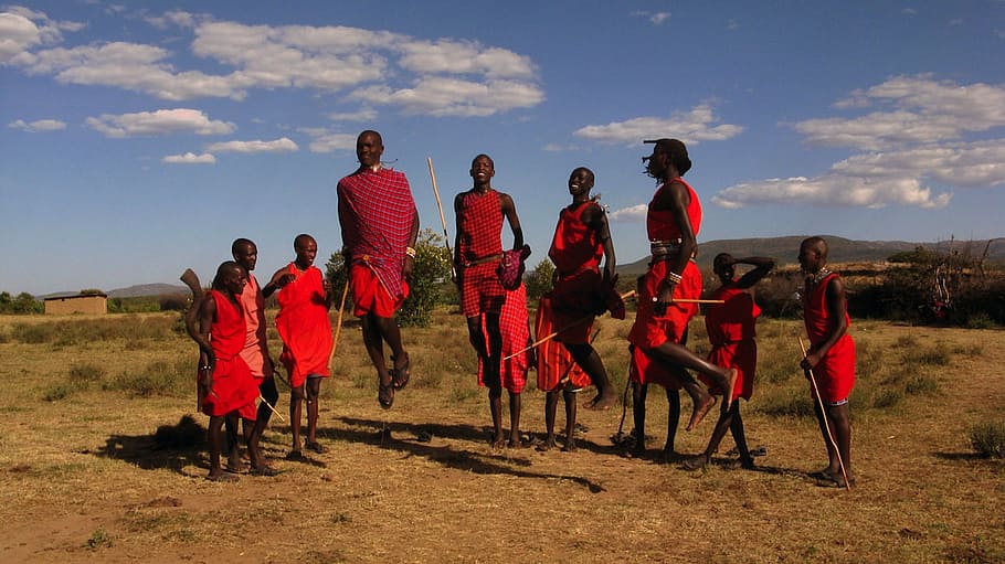 ground, people, grass field, daytime, maasai tribe, kenya, sky, clouds, men, jumping