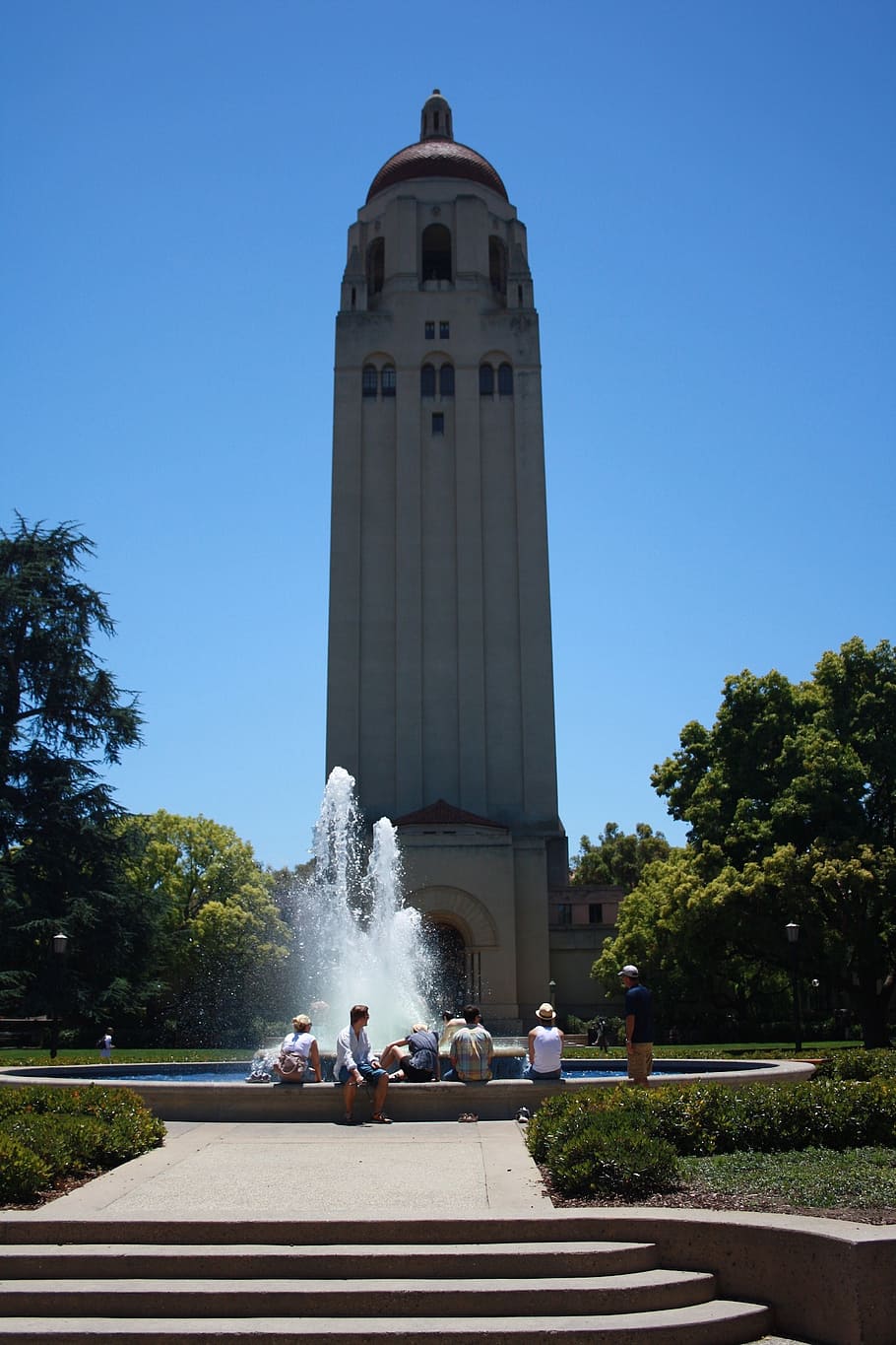 stanford, tower, use, fountain, water, water feature, university, sky, clear sky, architecture