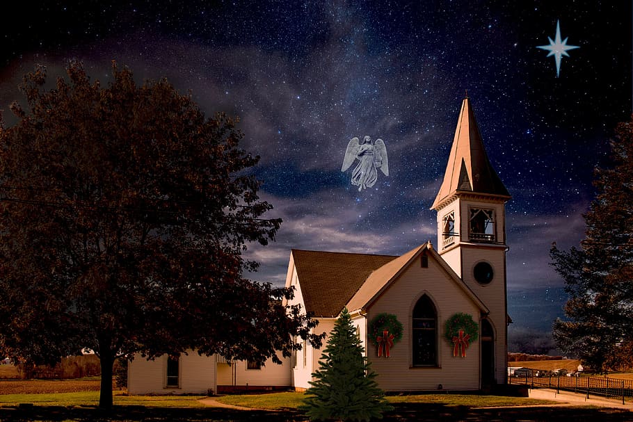 christmas, church, angel, tree, built structure, architecture, place of worship, building, building exterior, religion