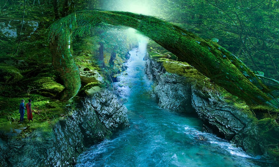 river, forest, rapids, waterfall, magic, fantasia, torrent, stream, nature, green