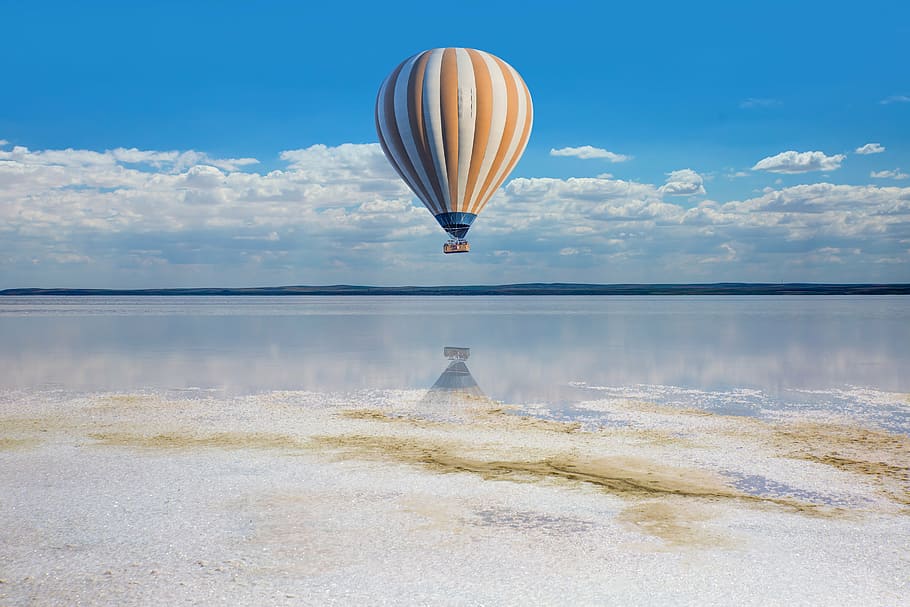 yellow, white, hot, air balloon, clear, water, clouds, blue, sky, daytime