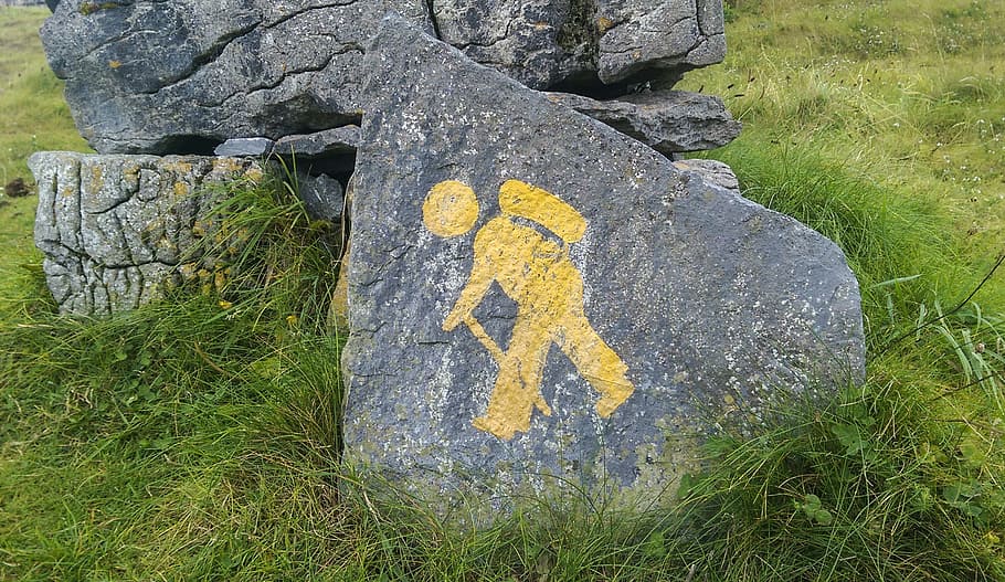 pedestrian, tourist, sign, symbol, stencil, graphics, stone, grass, yellow, stones
