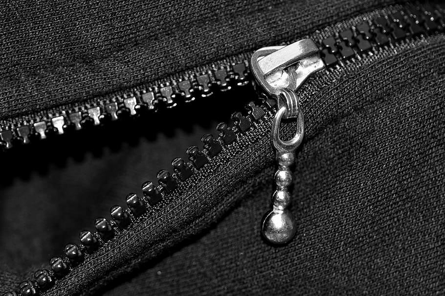 closeup, foto, hitam, zip-up, top, zip, pakaian, close up, logam, kain