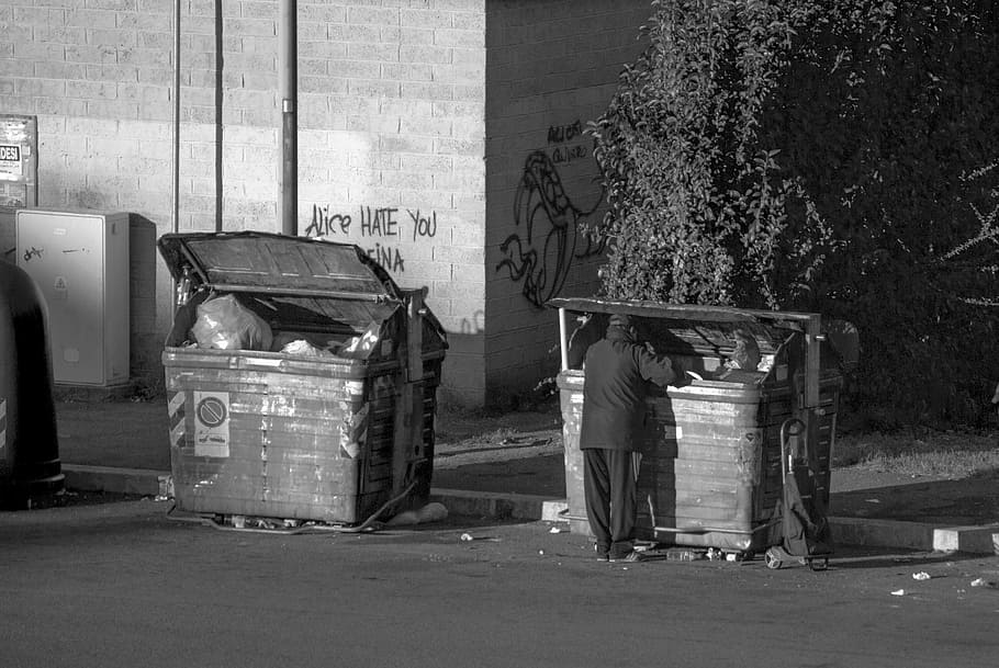 grayscale photo, person, looking, trash bin, man, poor, misery, hungry, solitude, trash
