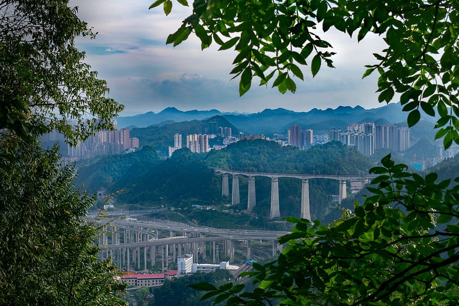 overpass, city, cityscape, guiyang, guizhou, guizhou spring interchange, building, mountain, tree, plant