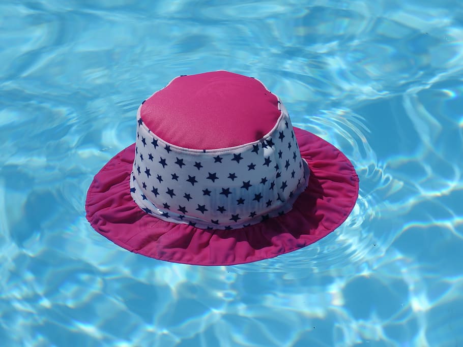 赤, 白, 帽子, 太陽帽子, 水, プール, 熱, 冷却, 夏, 水泳