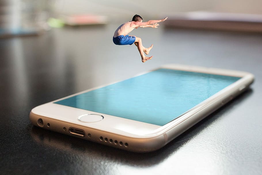 silver iphone 6, black, table, Smartphone, Iphone, Apple, Jump, Summer, boy, child