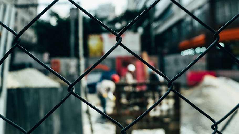 fence, wire, barrier, construction, people, blur, bokeh, protection, chainlink fence, safety