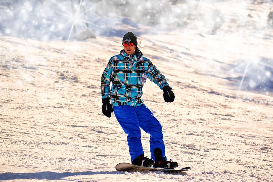 snowboarder, esporte, neve, esqui, frio, brilho, luz, bokeh, azul, chapéu