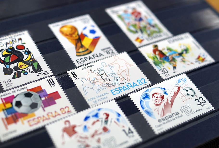 assorted postage stamps, stamps, collection, philately, stamp collection, world cup, football, spain, map, travel