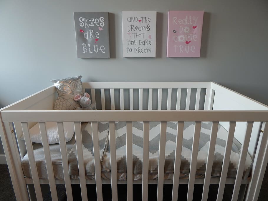 baby, white, wooden, crib, nursery, bedroom, childhood, interior, furniture, decor