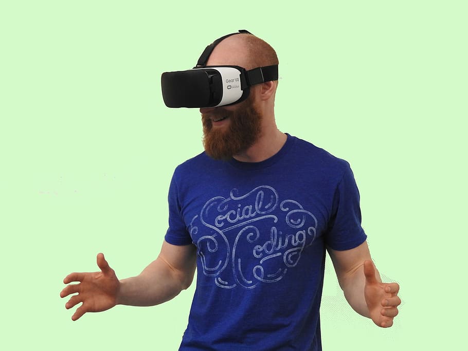 hombre, usando, negro, blanco, gafas oculus vr, Realidad virtual, Tecnología, realidad, virtual, auriculares