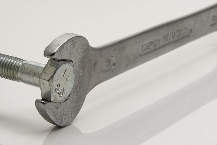 gris, abierto, ajustable, llave inglesa, herramienta, metal, llave de boca abierta, tornillo, trabajo, artesanos