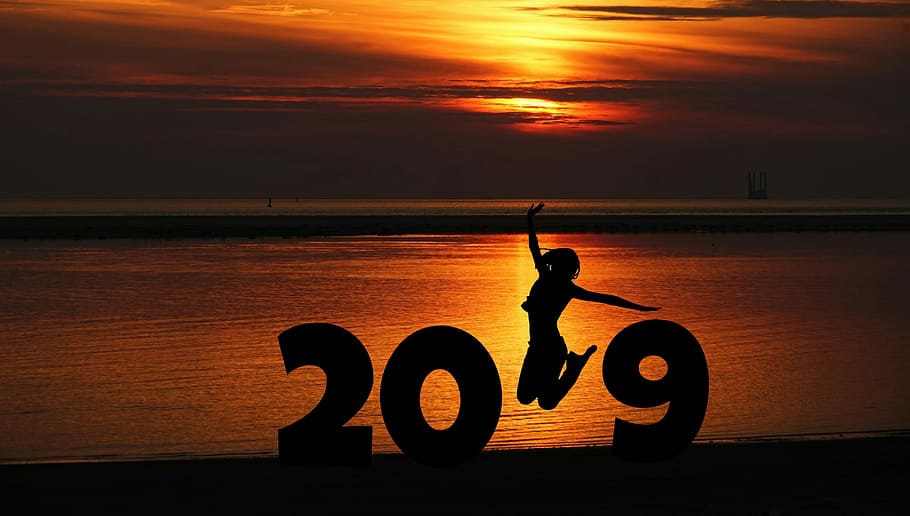 silhouette, woman, seashore, jump shot, sunset, new year, 2019, lifestyle, determination, new year's eve