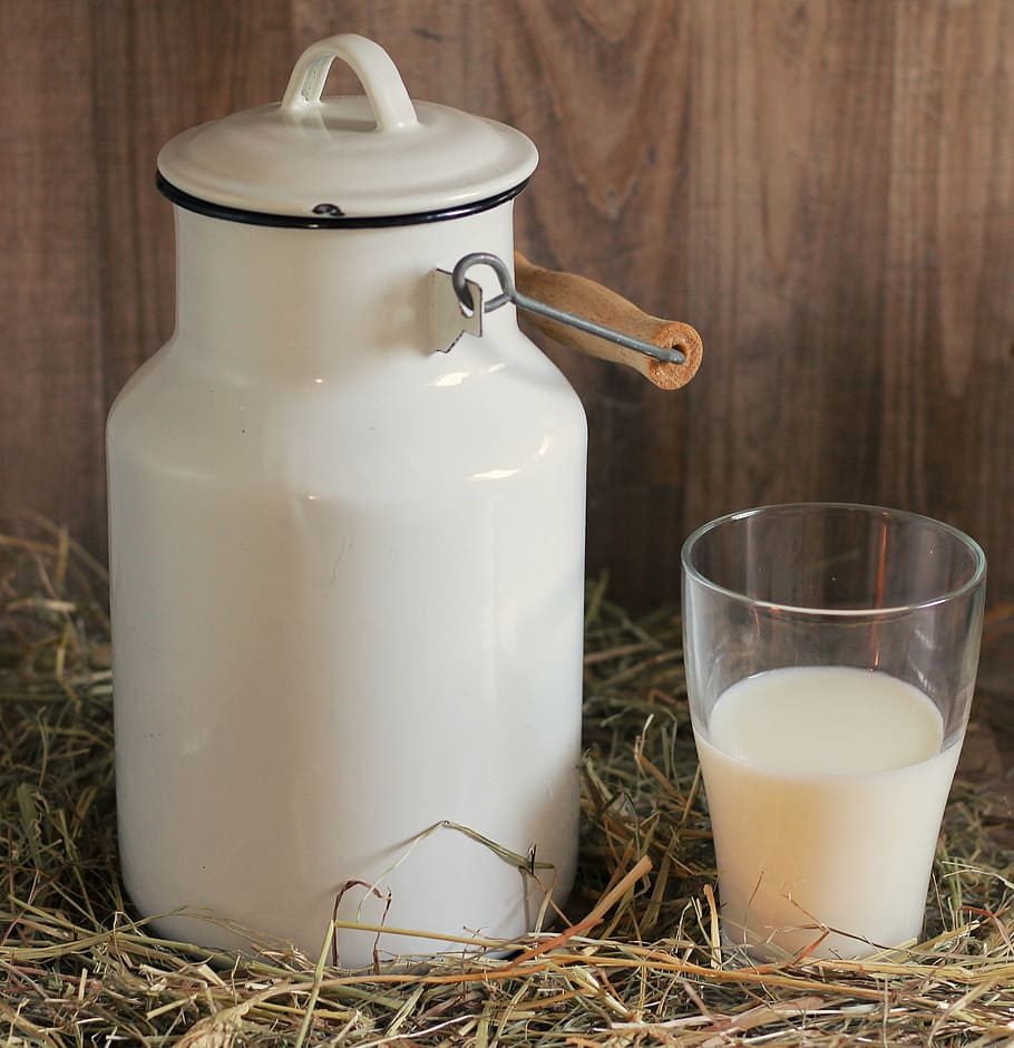 white milk churn, milk can, glass, milk, glass of milk, drink, frisch, delicious, healthy, food