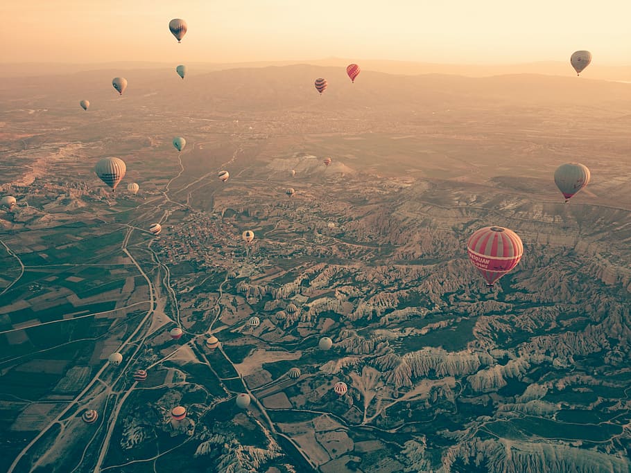 antena, fotografia, quente, balões de ar, céu, fotografia aérea, balões de ar quente, capadócia, turquia, viagem