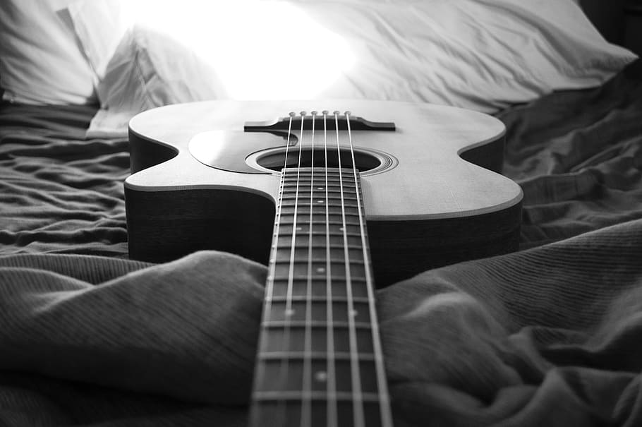 greyscale photo, acoustic, guitar, bed, black and white, notes, music, musician, body, volume