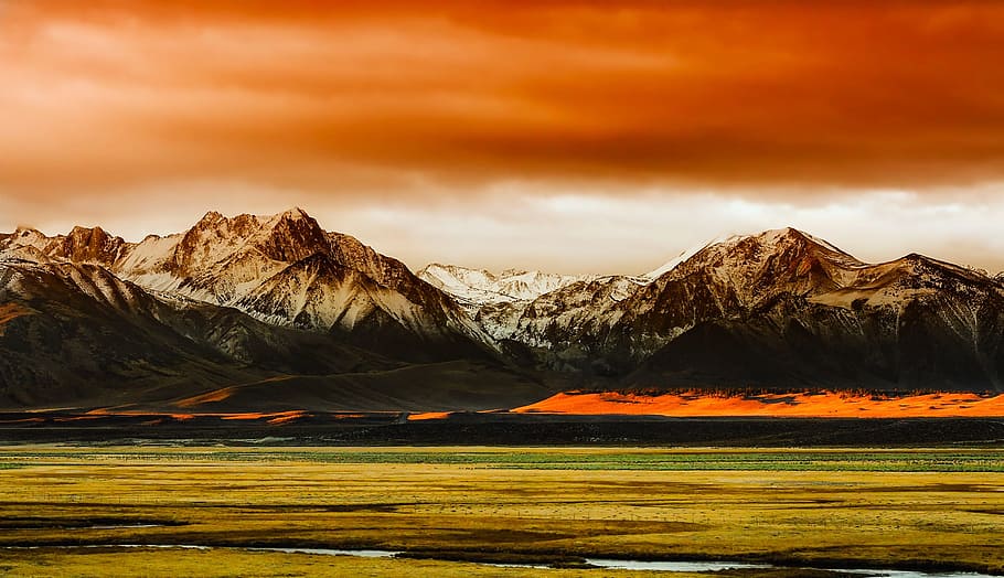 mountains, sunset painting, california, panorama, snow, sky, clouds, sunset, beautiful, landscape