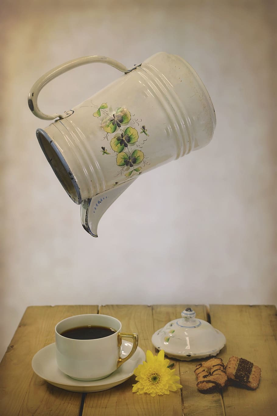 white, yellow, floral, floating, teapot artwork, coffee time, coffee, break, cup, blossom