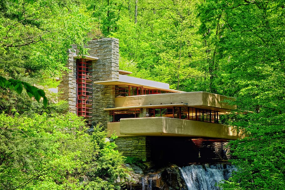 fallingwater, landmark, historic, historical, waterfall, house, home, architecture, forest, trees