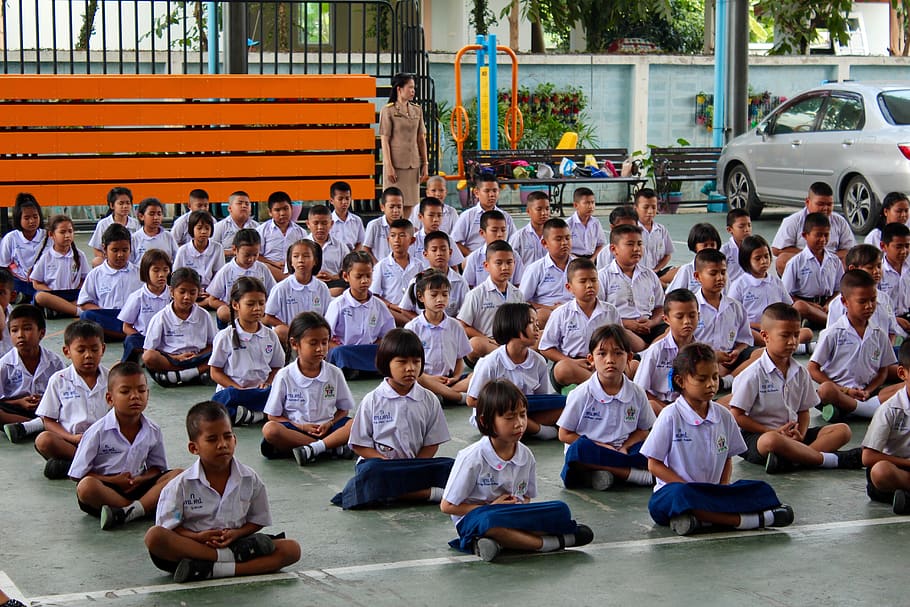 school, appeal, students, obedience, elementary school, thailand, sit, wait, person, girl