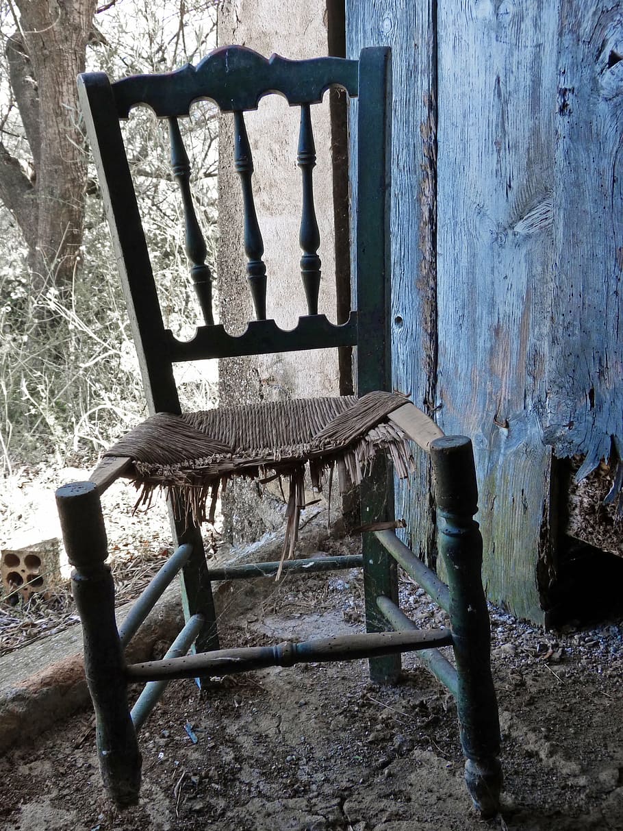 broken chair, old, ruin, abandoned, wood - material, seat, architecture, day, built structure, chair