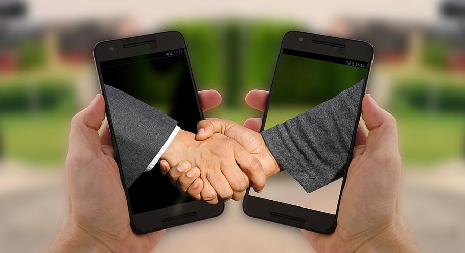 two, person, shaking, hands, black, smartphones, shaking hands, handshake, arrangement, contract