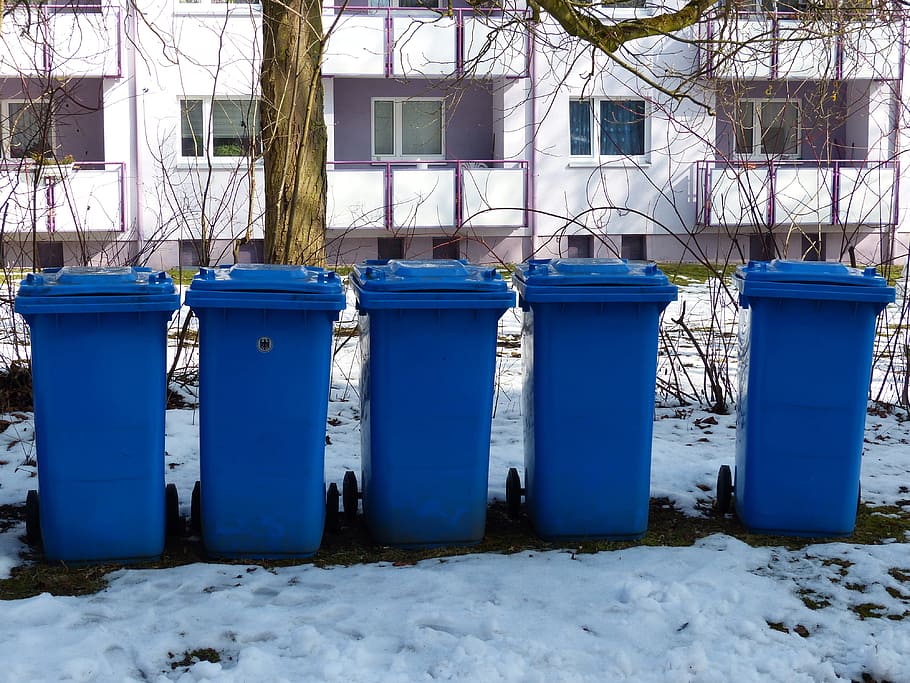 dustbin, paper wheelie bin, blue tonne, blue, ton of plastic, plastic, garbage, paper, paper waste, winter