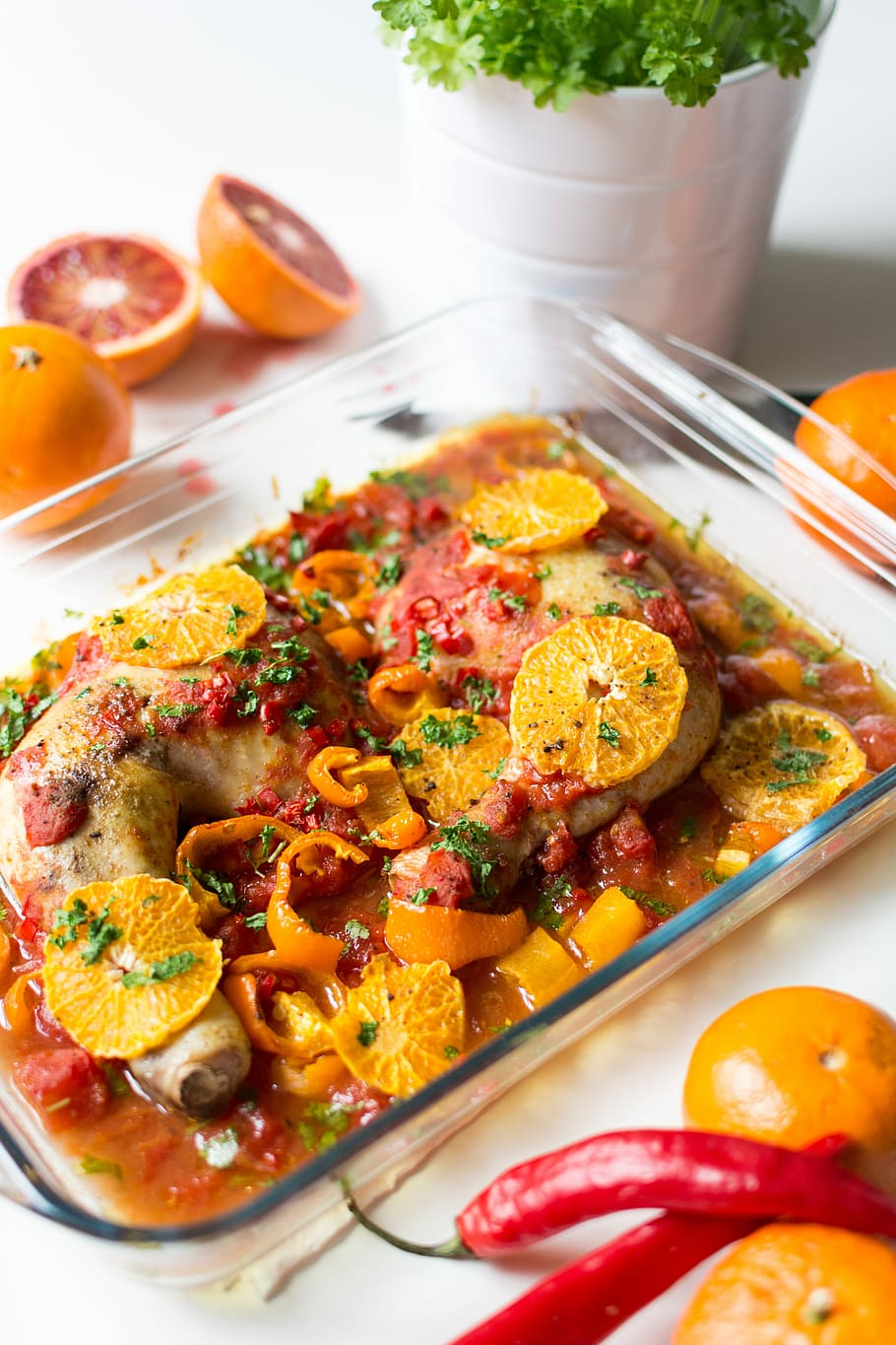 tomatoes, peppers, oranges, Chicken legs, chicken, close up, healthy, meat, orange, paleo