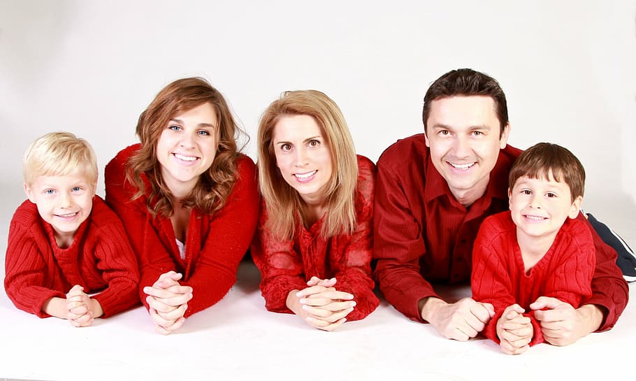 family picture, red, tops, family, holiday, people, happy, christmas, portrait, husband